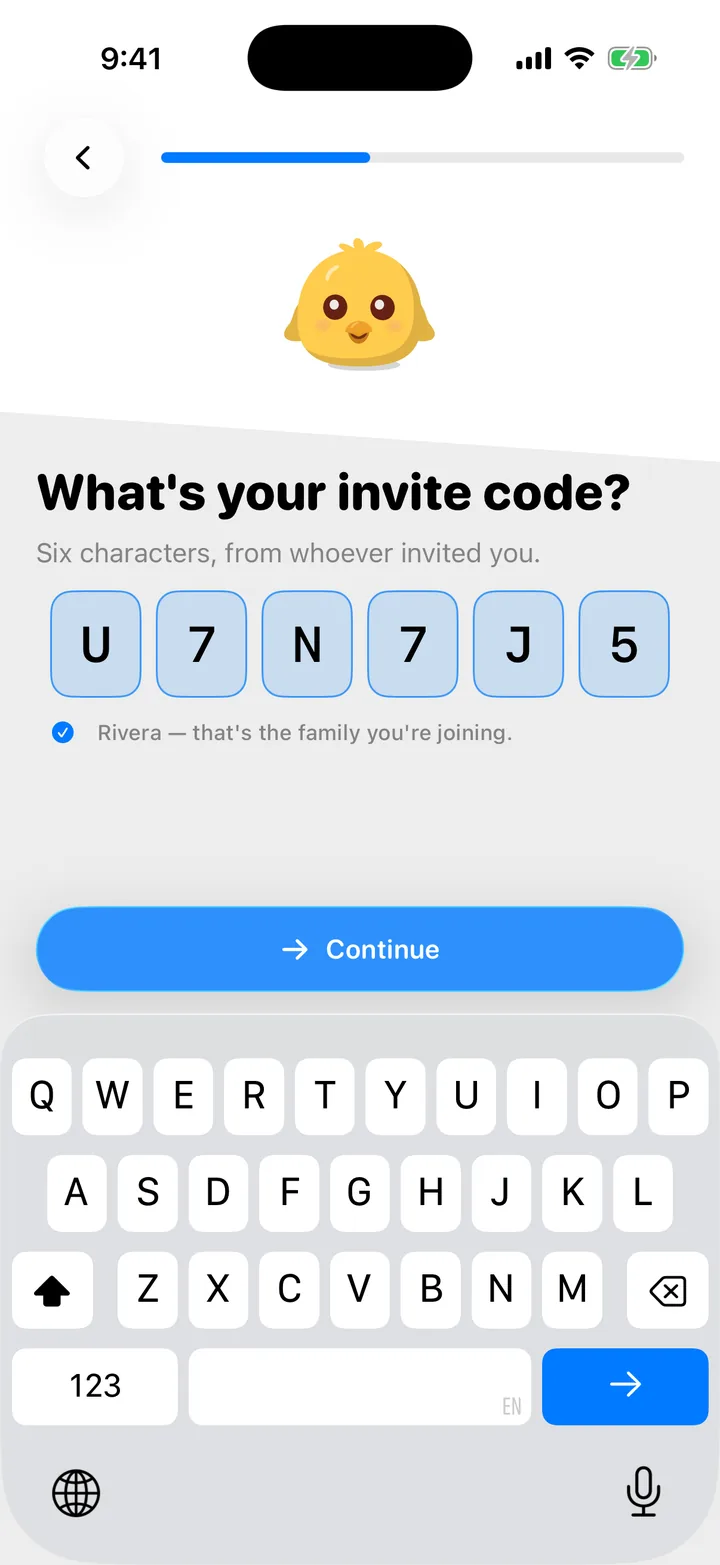 The invite code field with six characters typed and the family's name confirmed under it.