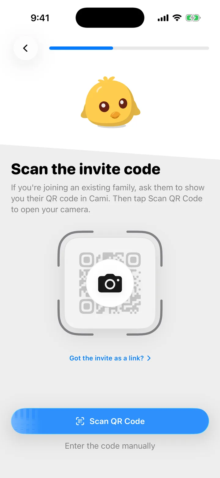 Cami's Scan the invite code screen, with the Scan QR Code button and Enter the code manually under it.