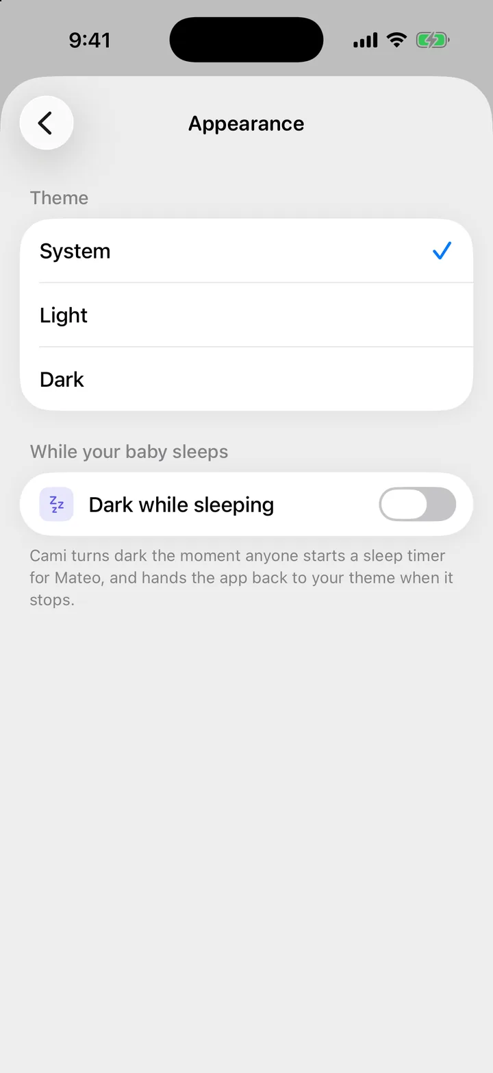 The Appearance screen with the Theme choices and the Dark while sleeping switch.