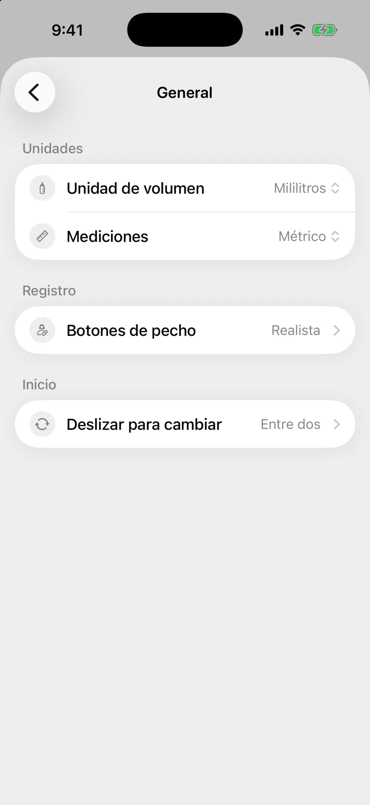 La pantalla General con Unidad de volumen, Mediciones y Botones de pecho.