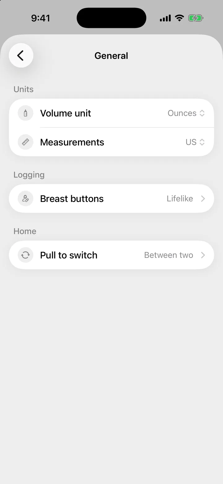 The General settings screen with Volume unit, Measurements and Breast buttons.