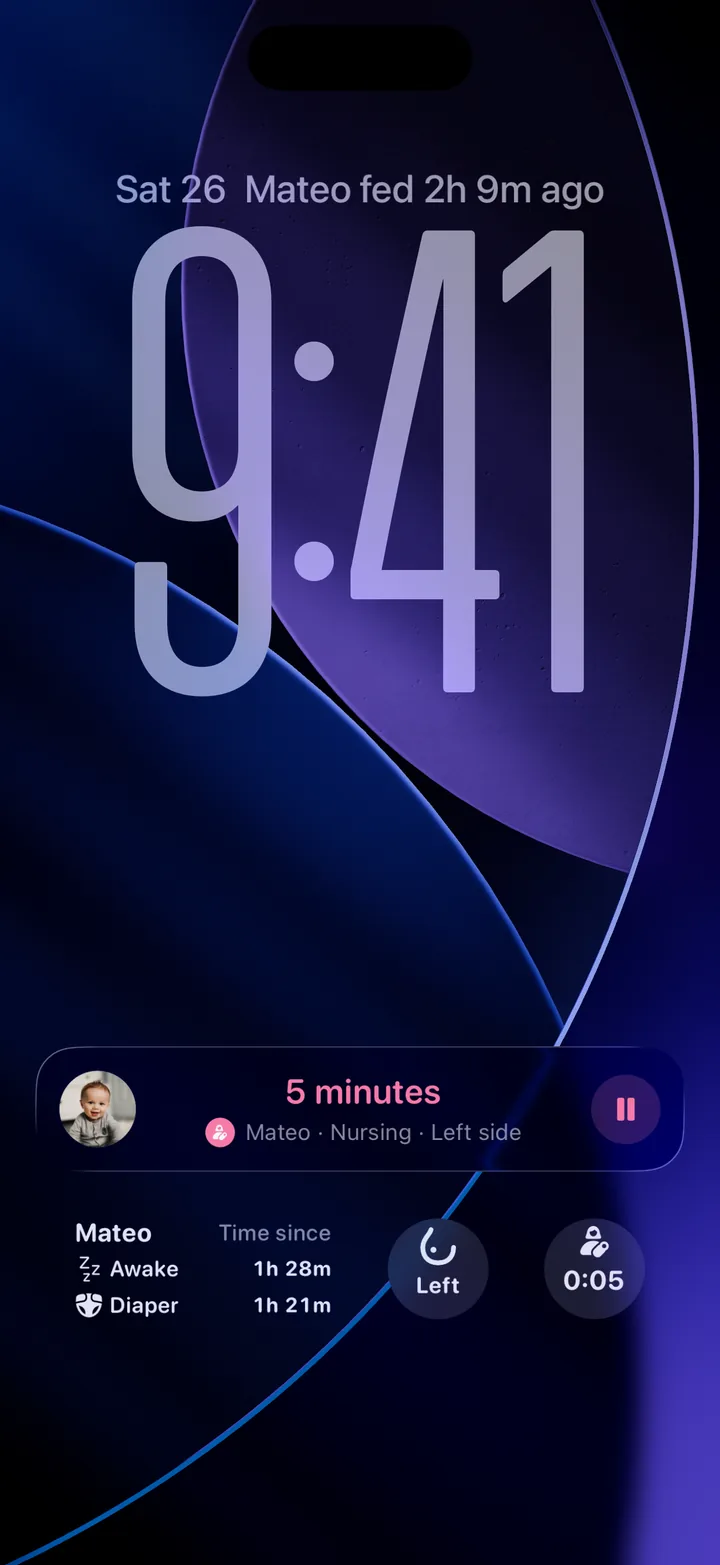 A Cami nursing timer on the Lock Screen: 5 minutes, Mateo, Nursing, left side, with a pause button.