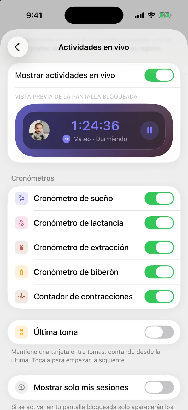 Los ajustes de Actividades en vivo de Cami: Mostrar actividades en vivo, la lista de Cronómetros, Última toma y Mostrar solo mis sesiones.