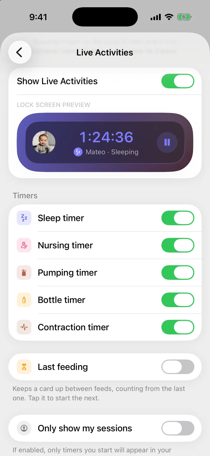 Cami's Live Activities settings: Show Live Activities, the Timers list, Last feeding and Only show my sessions.