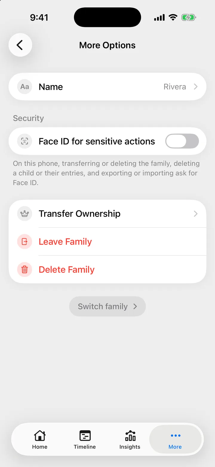 Cami's More Options screen with Name, Transfer Ownership, Leave Family and Delete Family.