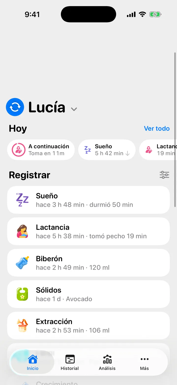 Inicio deslizado hacia abajo, con la marca para cambiar en lugar de la foto de Lucía, junto a su nombre.
