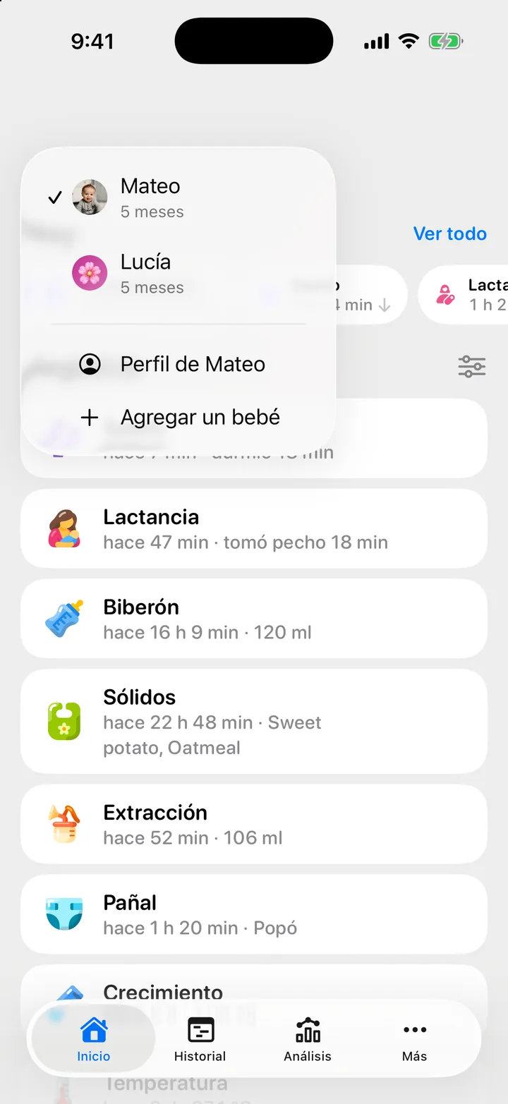 El menú bajo el nombre del bebé en Inicio, con Mateo y Lucía, Perfil de Mateo y Agregar un bebé.