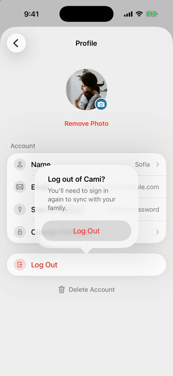 The Log out of Cami? confirmation, which says you'll need to sign in again to sync with your family.