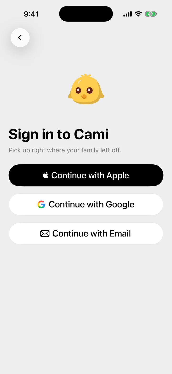 The Sign in to Cami screen with the Apple, Google and email buttons.