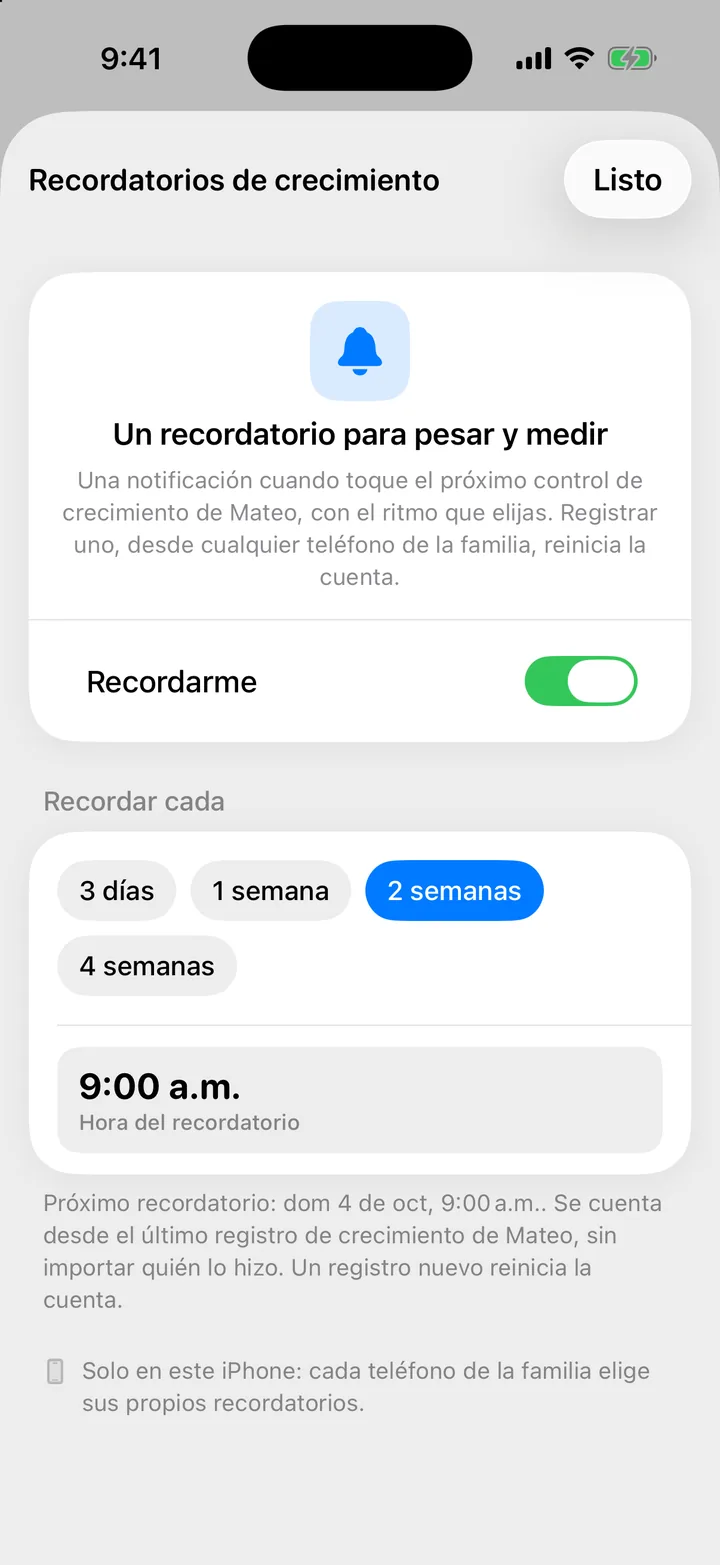 La pantalla Recordatorios de crecimiento con Recordarme activado, las opciones de Recordar cada y la hora.