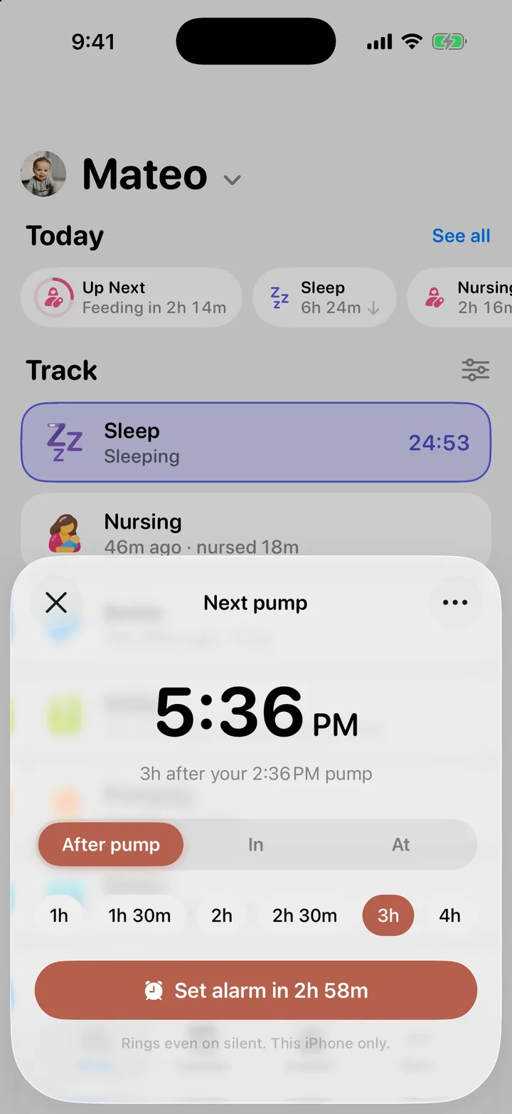 The Next pump sheet with the time choices and the Set alarm button.