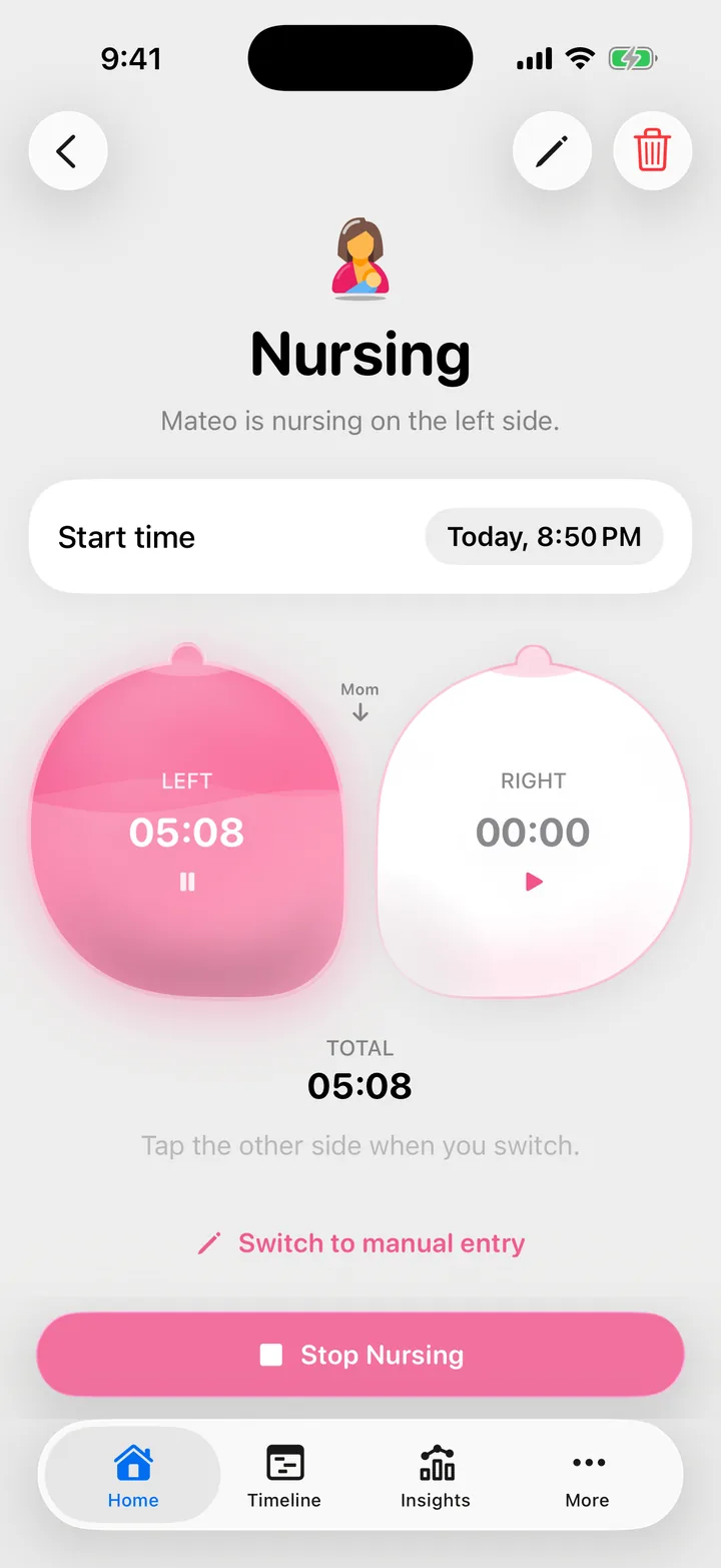 The Nursing timer running on the left side at 5 minutes 8 seconds, with the Stop Nursing button at the bottom.