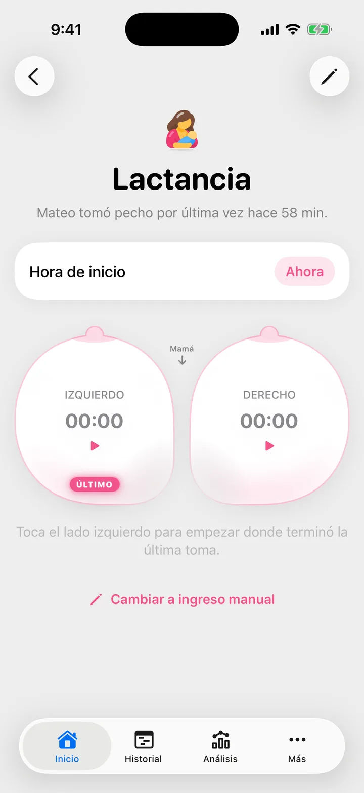 La pantalla Lactancia de Cami antes de una toma: dos botones de pecho, izquierdo y derecho, los dos en 00:00, con el izquierdo marcado como el último lado.