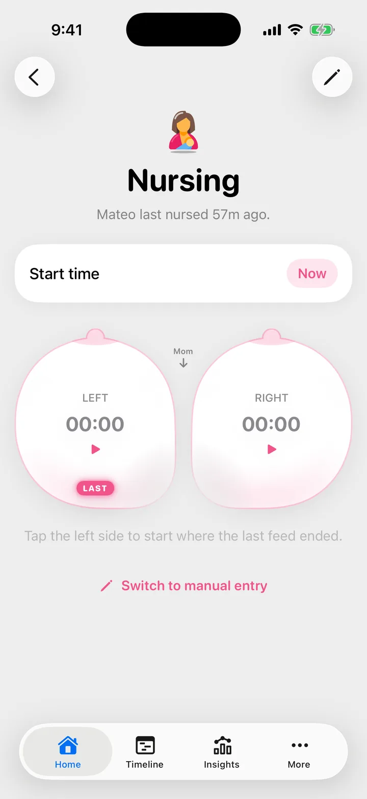 Cami's Nursing screen before a feed: two breast buttons, Left and Right, both at 00:00, with the left one marked as the last side.