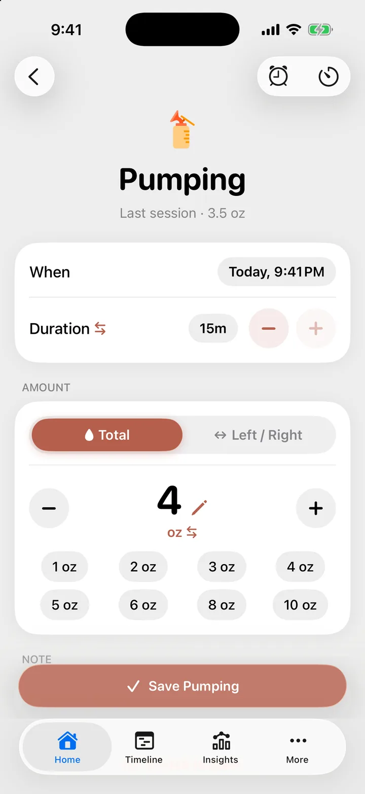 The Pumping form in manual entry, with the When and Duration rows and the amount.