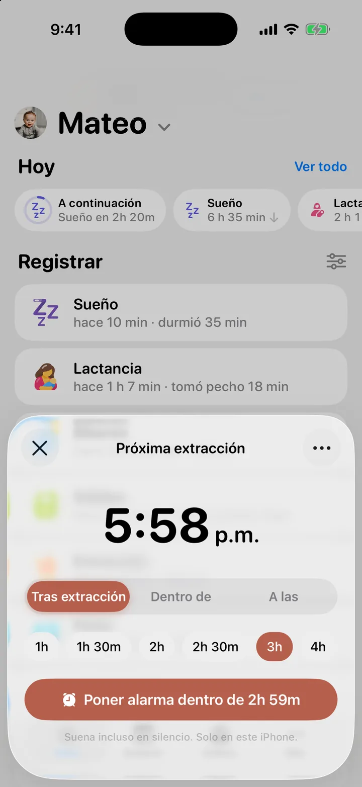 La hoja Próxima extracción: Tras extracción, Dentro de y A las, una hora y el botón Poner alarma.
