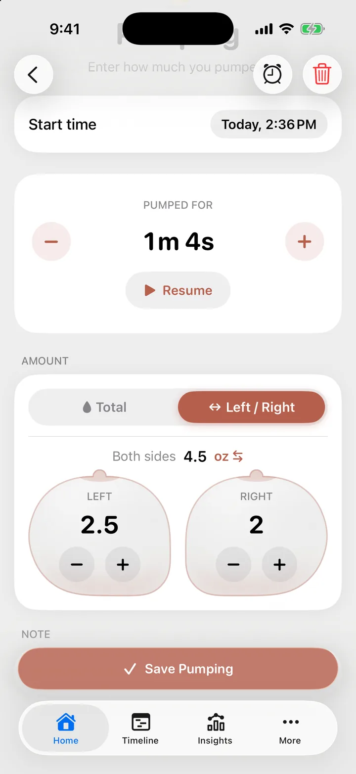 The Pumping form after the timer stops: the time pumped, the Amount card with Total and Left / Right, and Save Pumping.