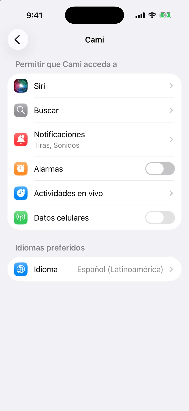 La página de Cami en la app Configuración del iPhone, con la fila Idioma.