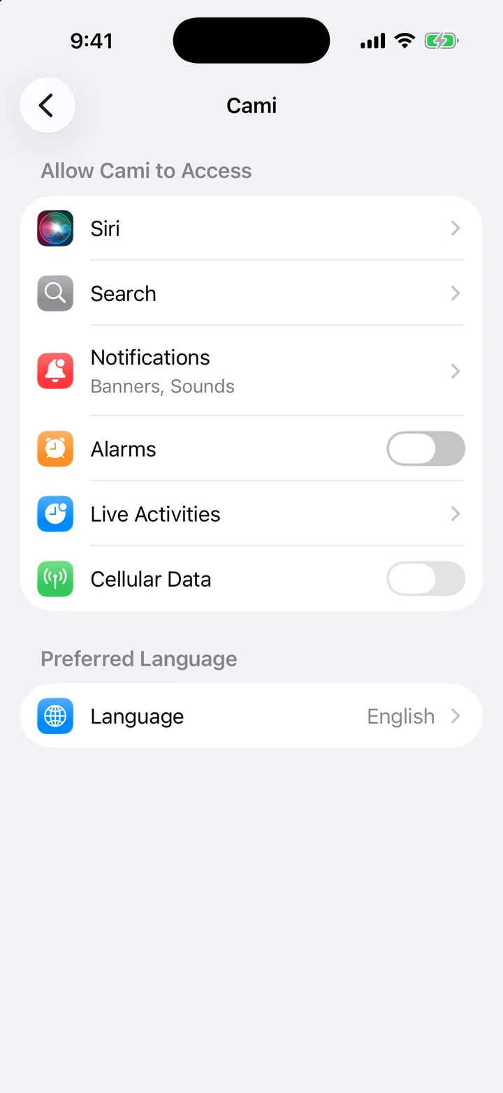 Cami's page in the iPhone Settings app, with the Language row.