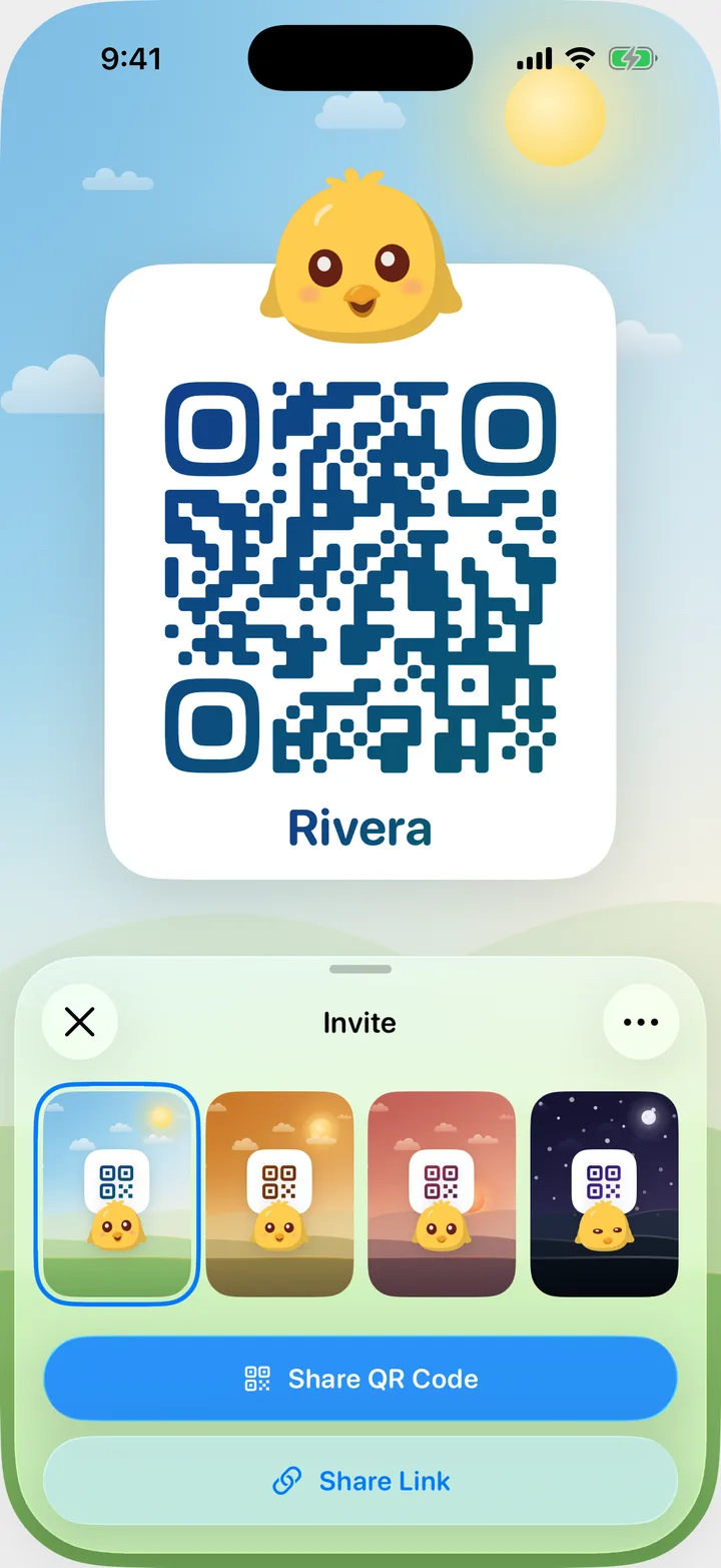 Cami's invite screen with the family QR code, and the Share Link and Share QR Code buttons.