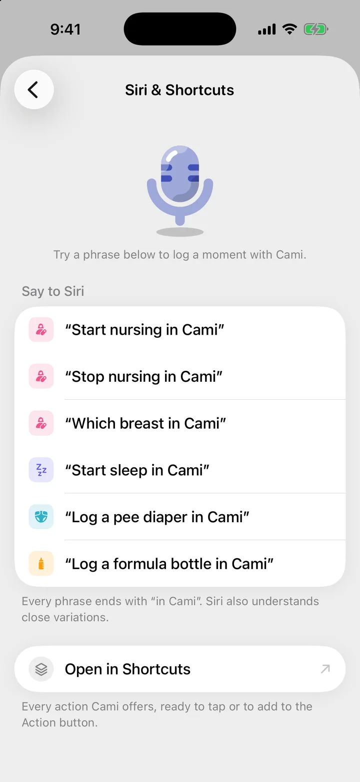 Cami's Siri & Shortcuts screen with the Say to Siri phrase list and Open in Shortcuts.
