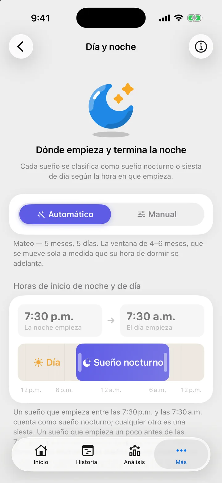 La pantalla Día y noche: Automático elegido y un control con las horas La noche empieza y El día empieza.