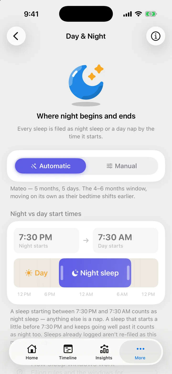 The Day & Night screen: Automatic selected, and a slider with Night starts and Day starts times.