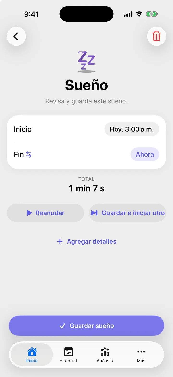 Un sueño detenido con su inicio y su fin, y los botones Reanudar y Guardar e iniciar otro.