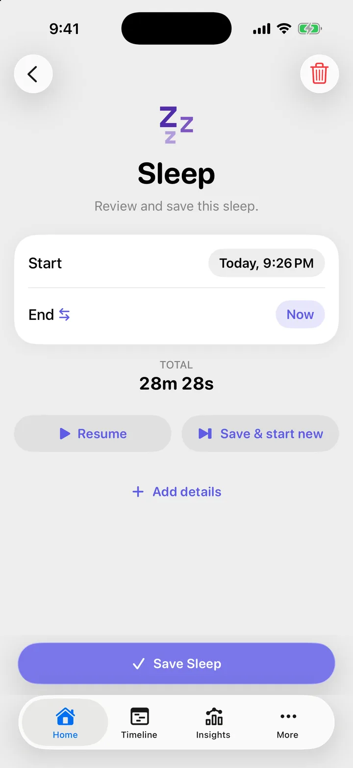 A stopped sleep with its start and end, and the Resume and Save & start new buttons.