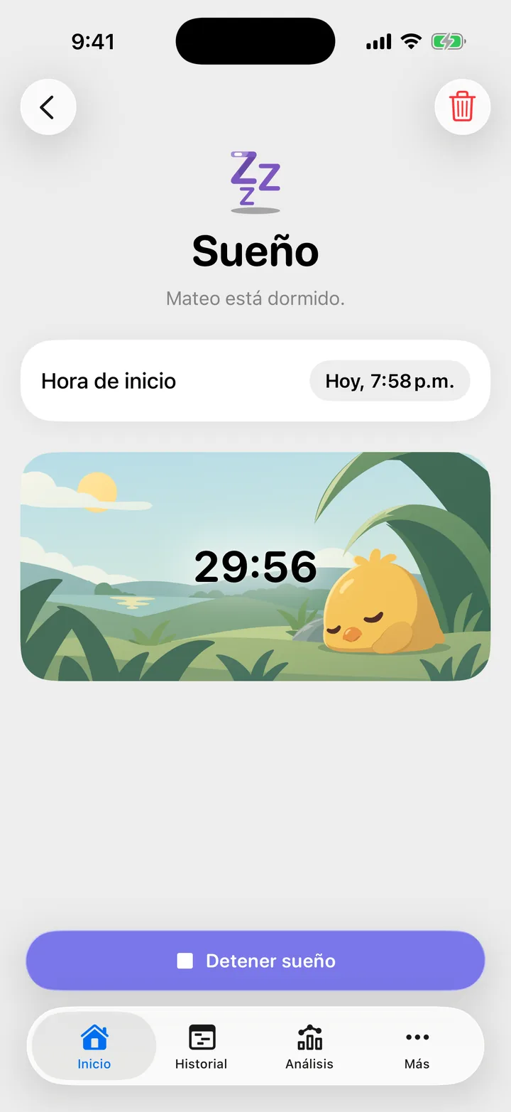 El formulario Sueño con el cronómetro corriendo y el botón Detener sueño.