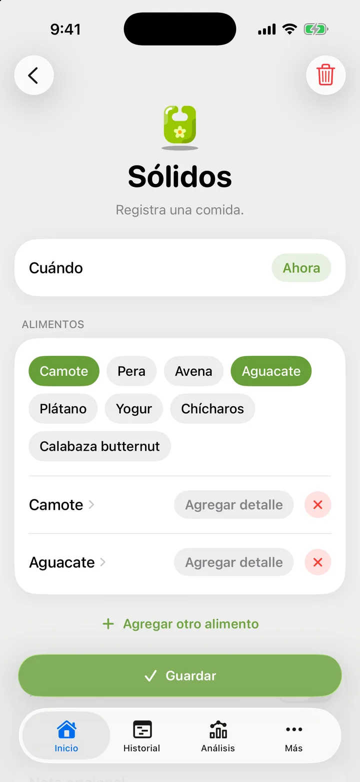 El formulario Sólidos: Cuándo, la tarjeta Alimentos con dos alimentos y sus detalles, Agregar otro alimento y Notamos una reacción.