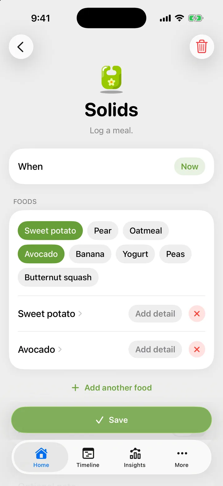 The Solids form: When, the Foods card with two foods and their detail pills, Add another food, and Noticed a reaction.