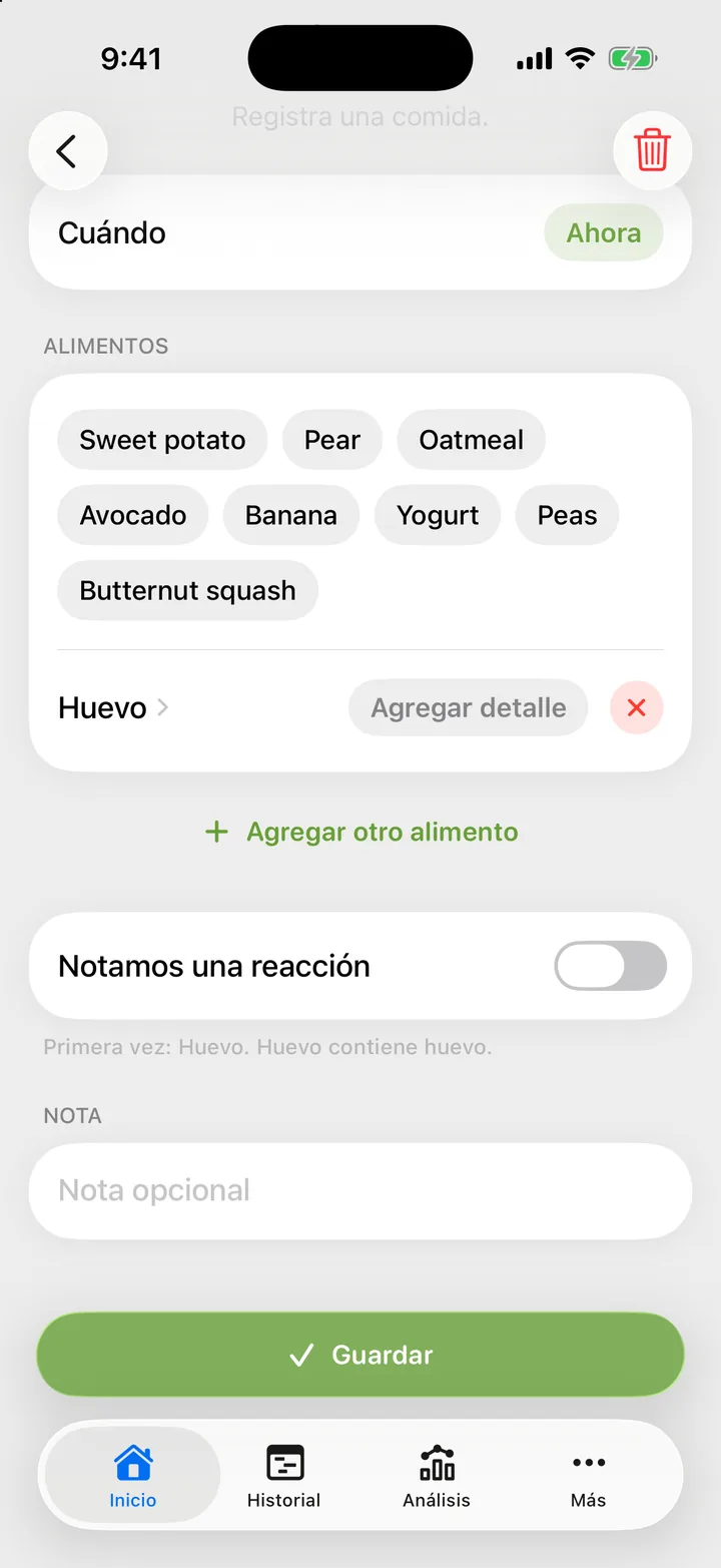 El interruptor Notamos una reacción con la línea de abajo que nombra los alimentos nuevos para este bebé.