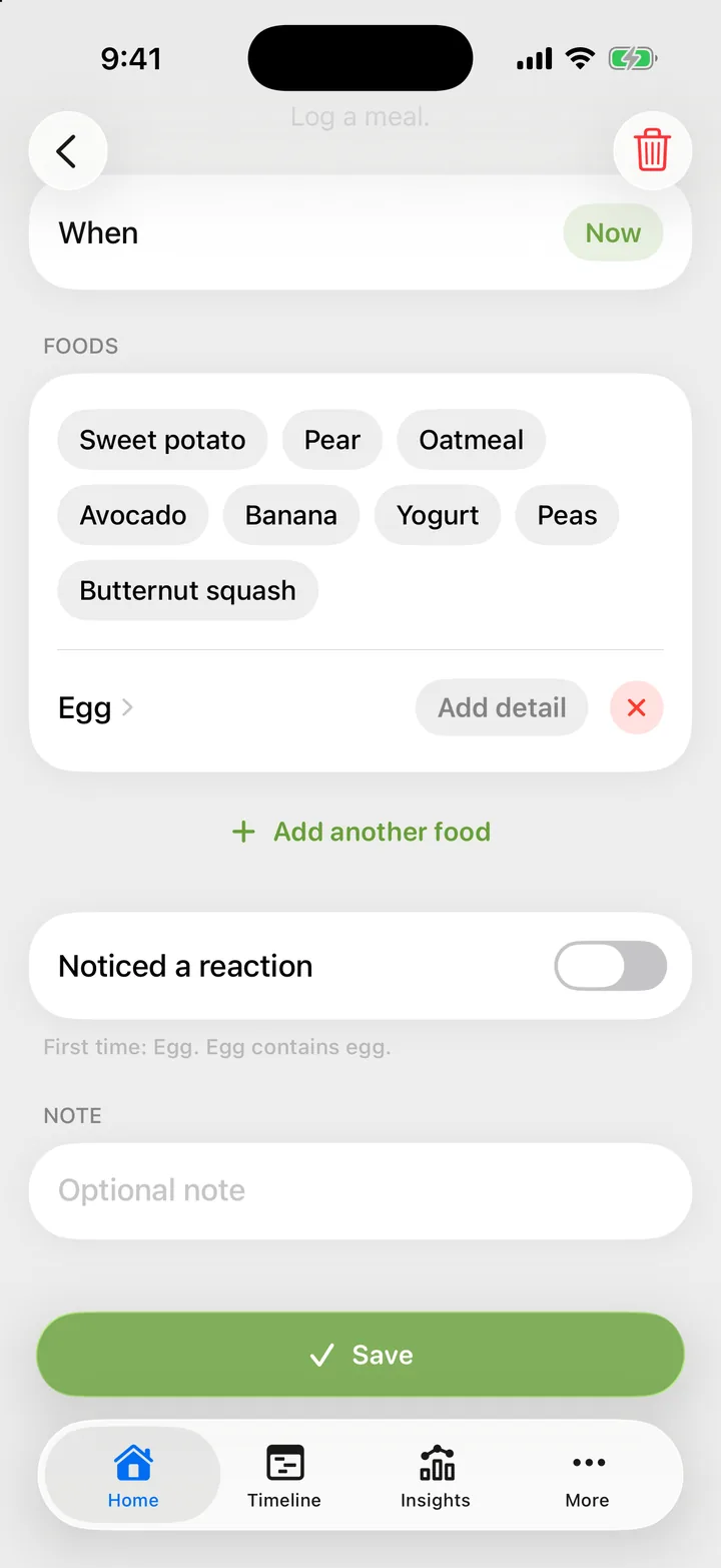 The Noticed a reaction switch with the line under it naming the foods that are new for this child.