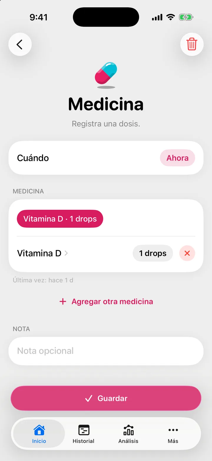 El formulario Medicina con una medicina elegida, su dosis, la línea de la última vez y Agregar otra medicina.