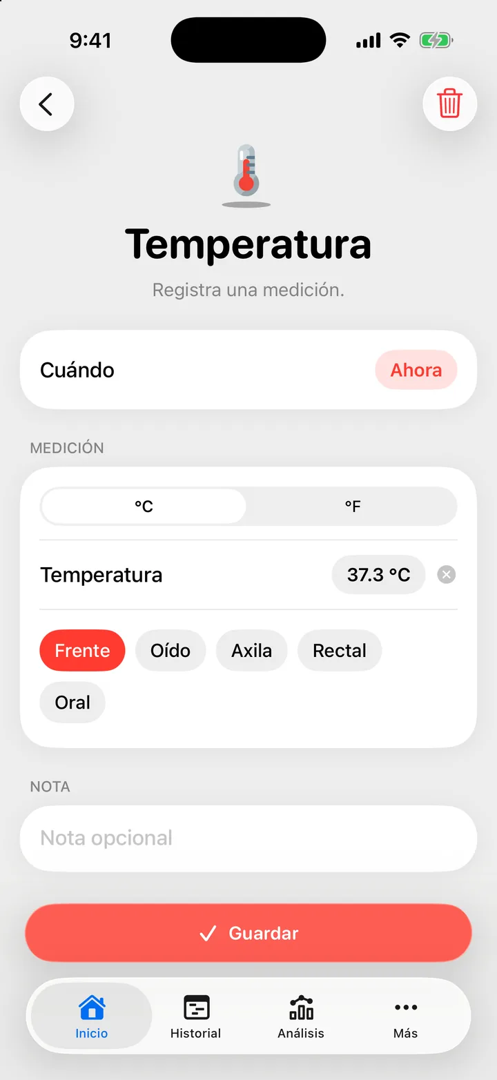 El formulario Temperatura: el selector °C y °F, la medición y las opciones Frente, Oído, Axila, Rectal y Oral.