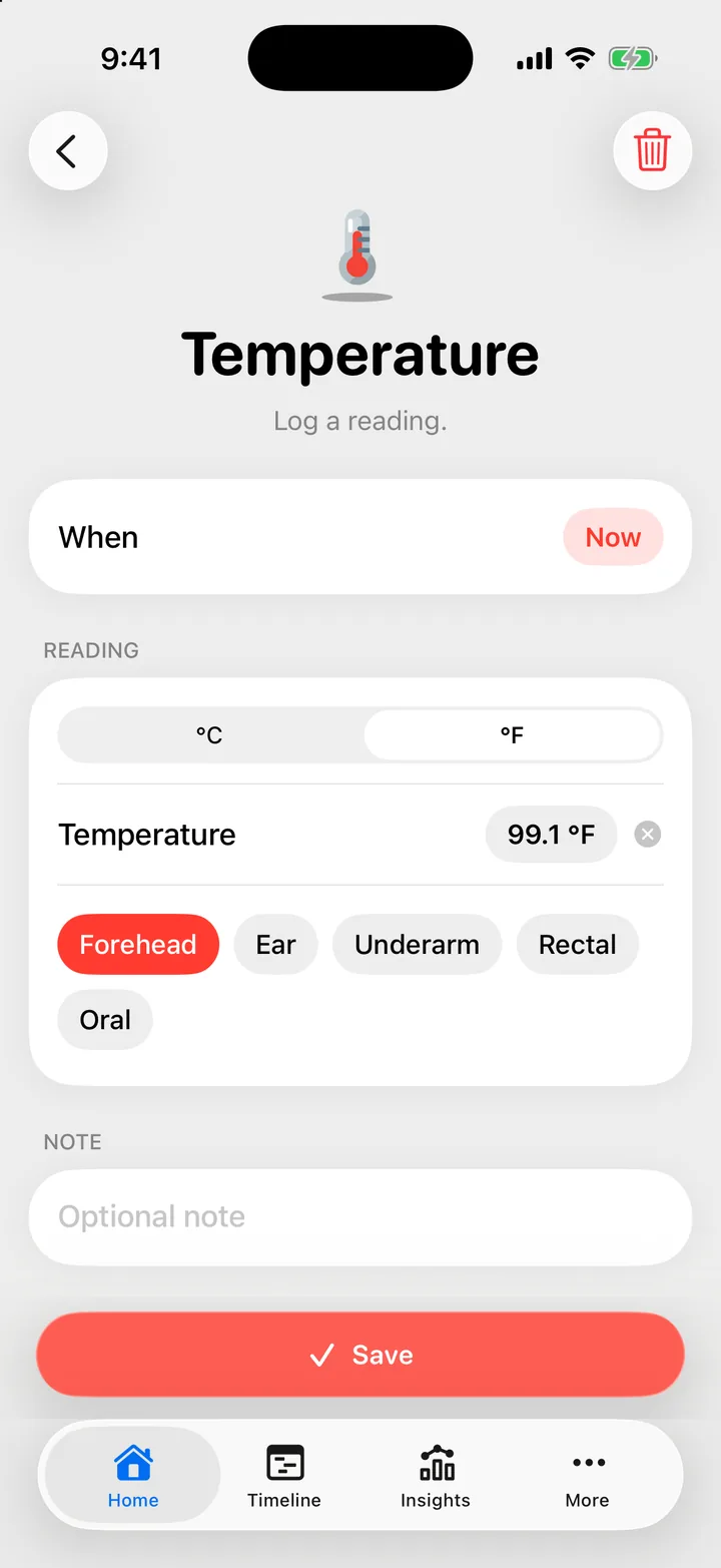 The Temperature form: the °C and °F switch, the reading, and the Forehead, Ear, Underarm, Rectal and Oral choices.