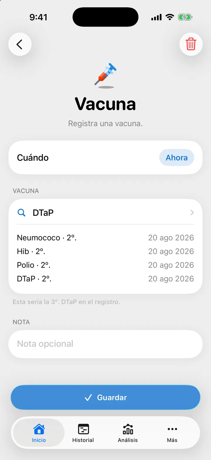 El formulario Vacuna con una vacuna elegida, la línea que dice qué dosis sería y las vacunas anteriores debajo.