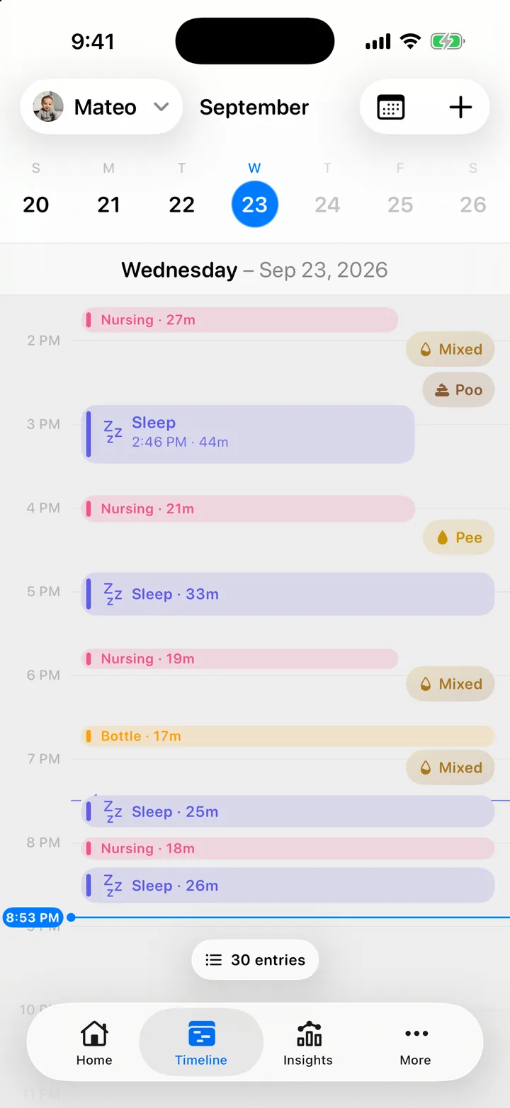 The Timeline tab: the week strip, a day of sleep, feed and diaper blocks with the night shaded, and the Entries chip at the bottom.