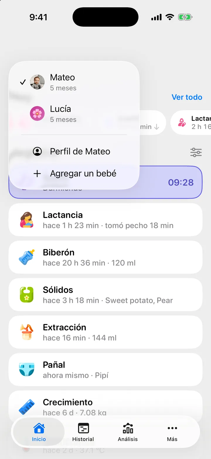 Inicio de Cami con el menú de bebés abierto: Mateo y Lucía, el perfil de Mateo y Agregar un bebé.