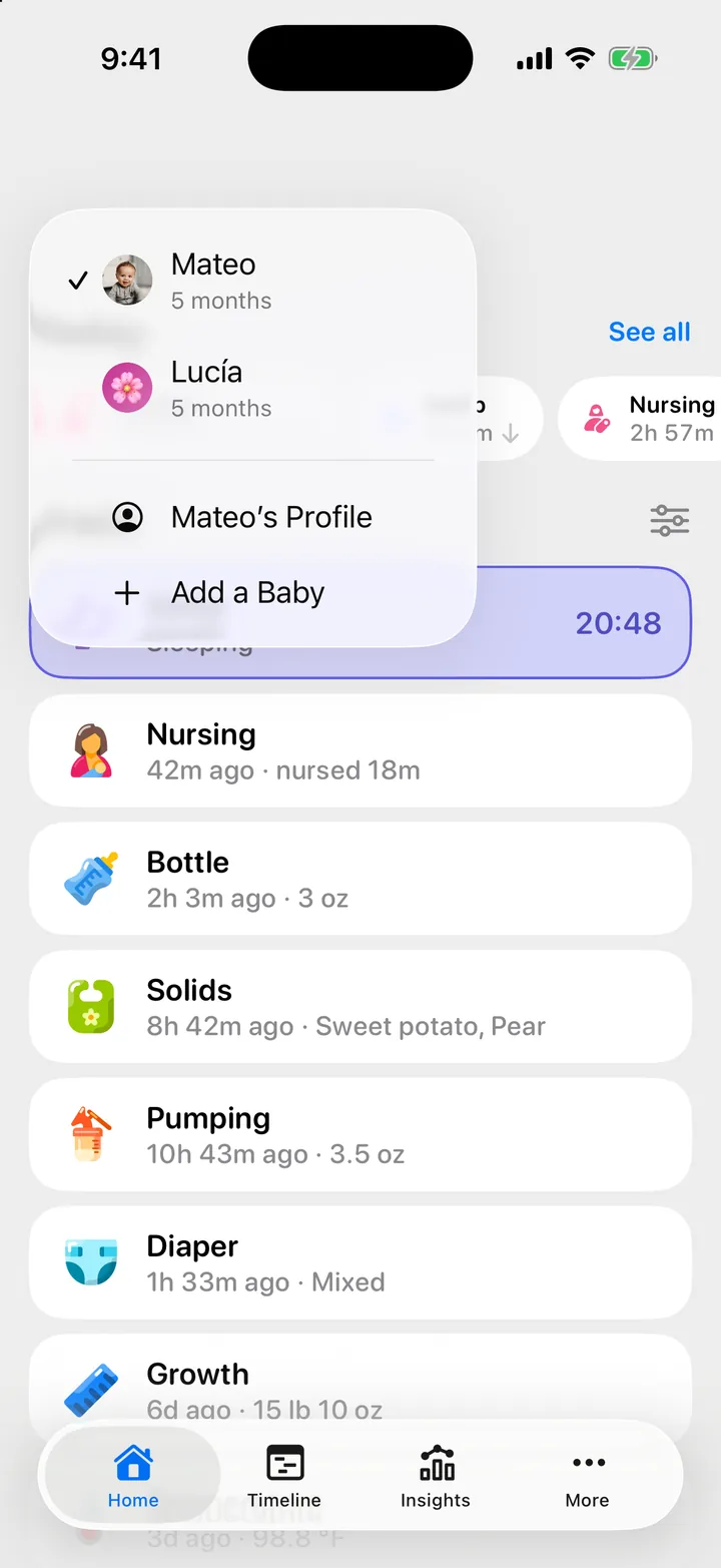 Cami's Home with the child menu open: Mateo and Lucía, then Mateo's Profile and Add a Baby.