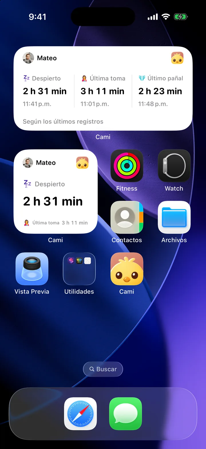 Dos widgets Tu bebé ahora en la pantalla de inicio: despierto 2 h 31 min, última toma hace 3 h 11 min, último pañal hace 2 h 23 min.