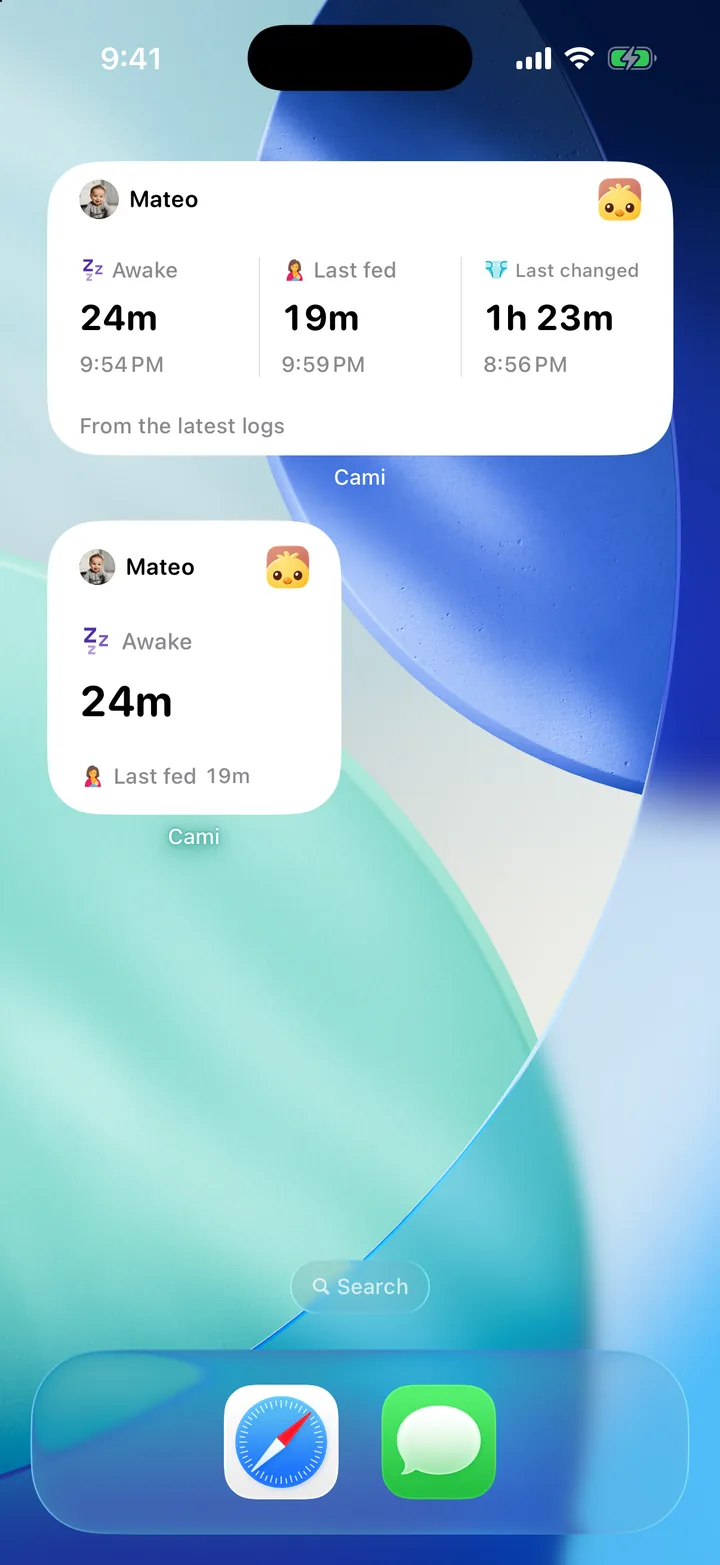 Two Baby Now widgets on the Home Screen: awake 24m, last fed 19m, last changed 1h 23m.