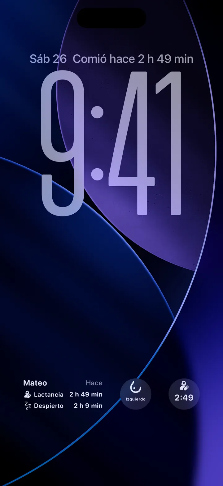 Pantalla bloqueada con widgets de Cami: Últimos cuidados, Último pecho usado y Un reloj.