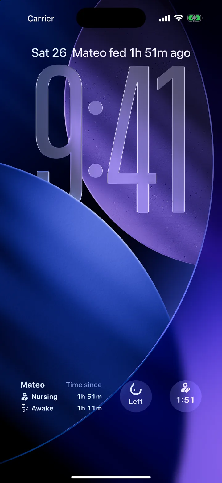 Lock Screen with Cami widgets: Last Care, Last Nursed Side and One Clock.
