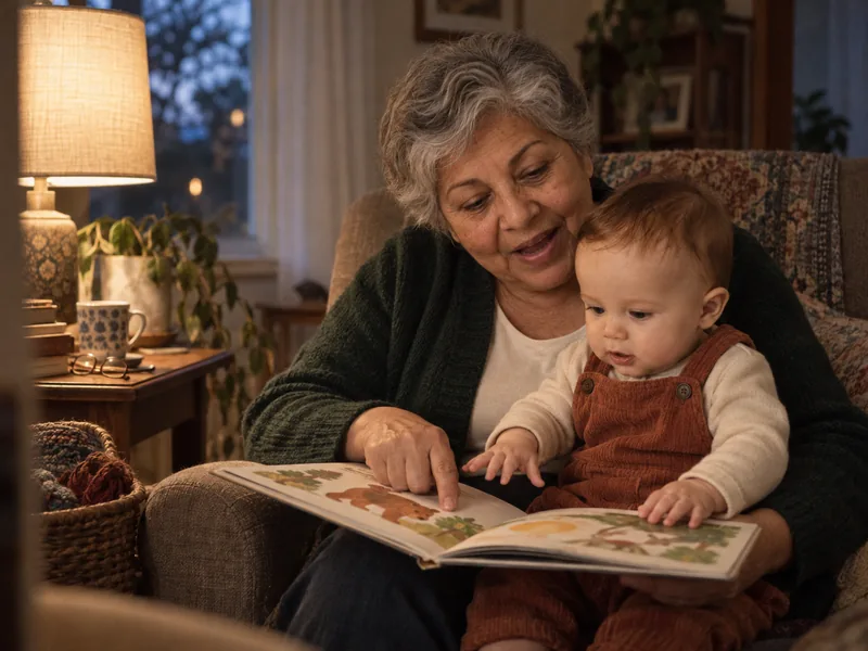 Grandma reading a picture book with Mateo on her lap in the armchair in the evening.