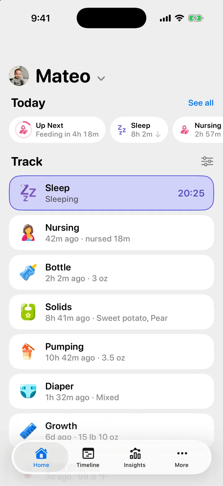 Cami's Home screen with an afternoon nap running.