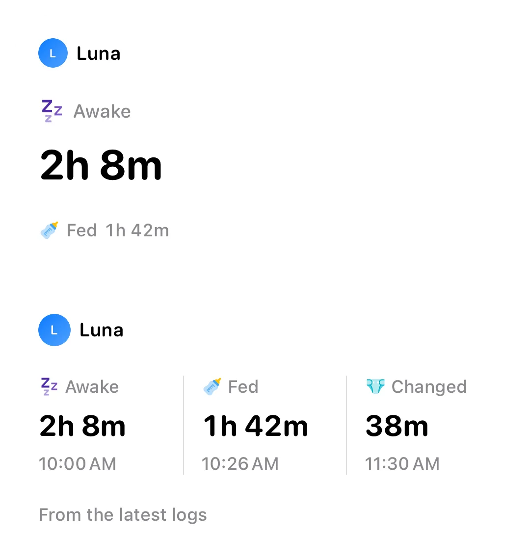 Cami's medium Home Screen widget with the latest sleep, feed and diaper details.