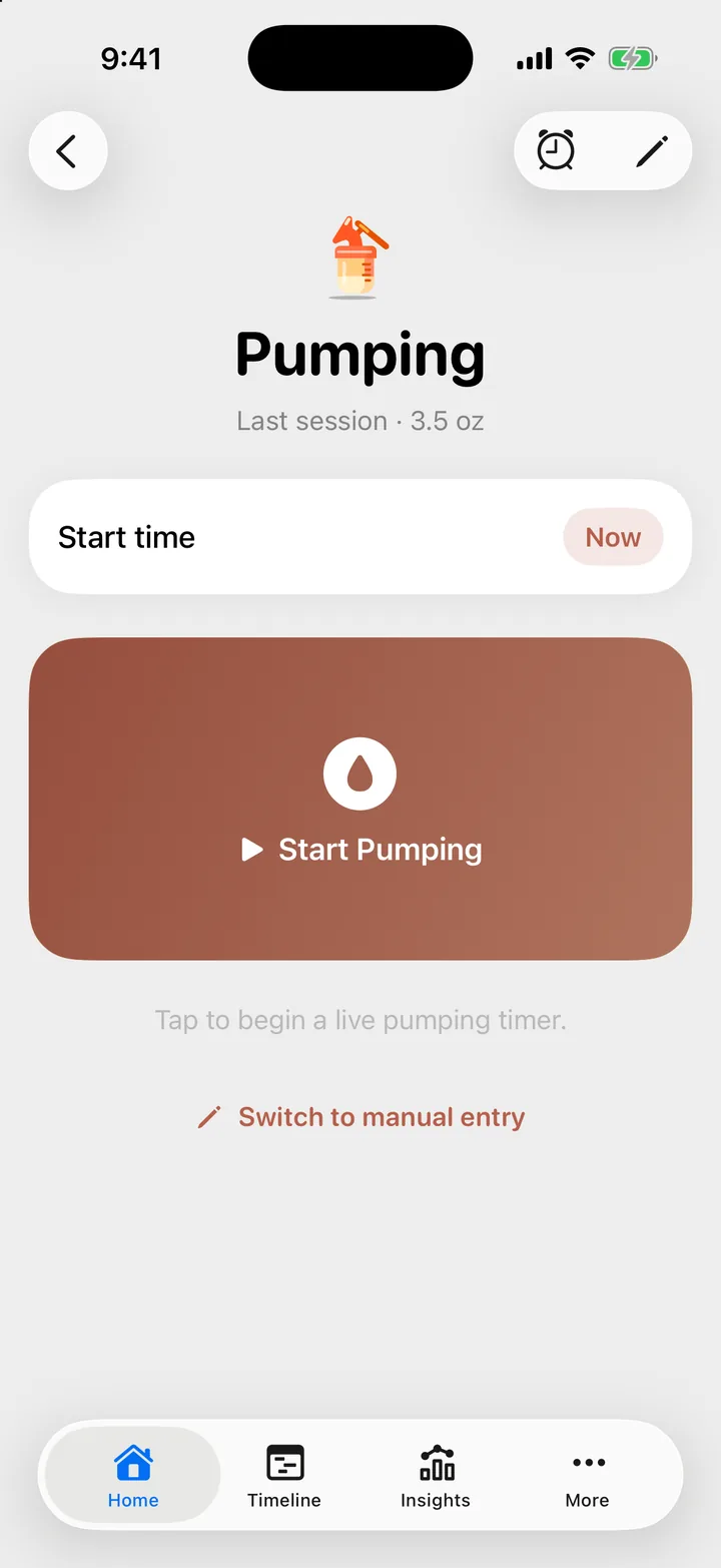 The pumping form: a Start Pumping button for a live timer, and a switch to manual entry.