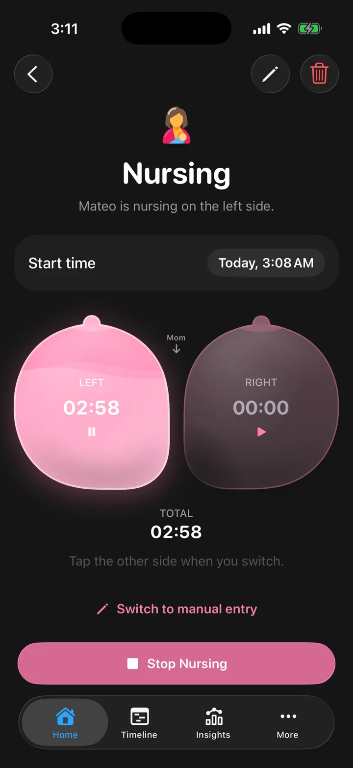 Cami's nursing timer in dark mode, running on the left side.